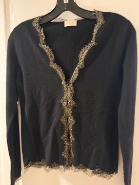 TSE Black Cashmere Cardigan with Gold Metallic Trim